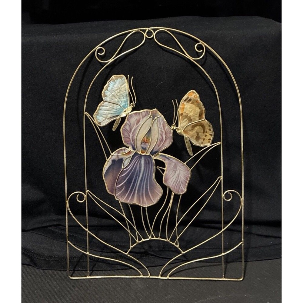 Vintage Capiz Shell Suncatcher Iris & Butterflies 9x6 Brass Wire Wall Art MCM